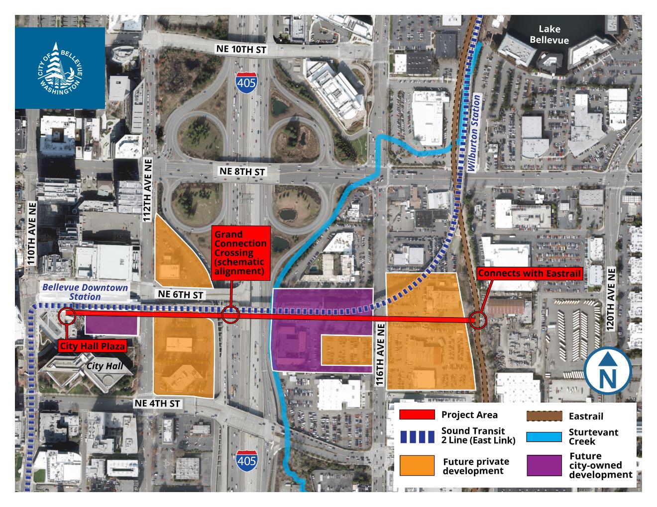 Aerial map of dowtown Bellevue. Red line on map starting at City Hall crossing over Interstate 405 to the Eastrail connection. 