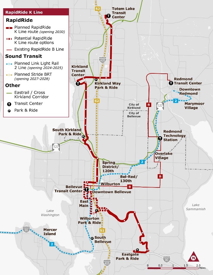 Map of proposed K Line routes between Kirkland and Bellevue