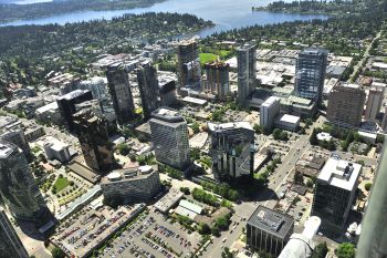 image of downtown skyline with streets looking west