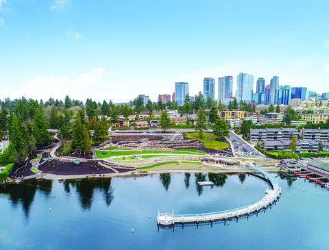 Bellevue's downtown skyline appears on the hill behind Meydenbauer Bay Park.