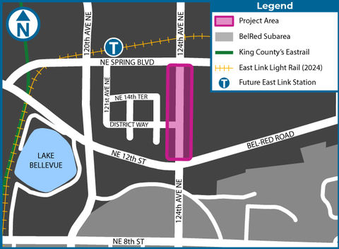 Map showing project area in BelRed district on 124th Avenue Northeast between Northeast 12th Street and Northeast Spring Boulevard