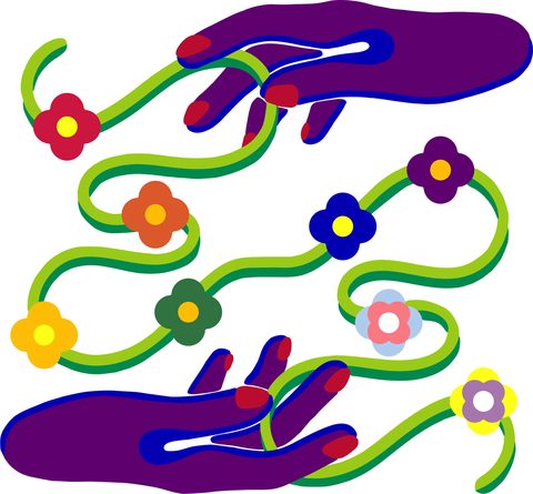 Artwork design depicting two hands holding a vine with followers of the rainbow and trans and non-binary flags.