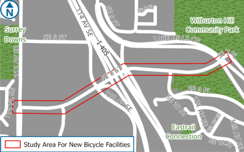 Lines marking the bicycle study area from 112th Ave NE to SE 7th Place