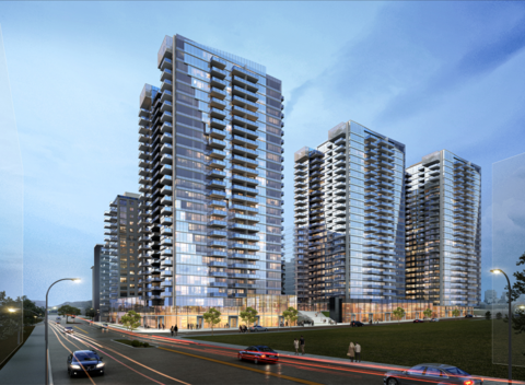 An architectural rendering of the proposal showing three large buildings with shorter buildings behind. Each building features a large amount of windows and balconies. There are transparent retail areas at the ground-floor. The view is looking west from NE 8th Street. Land next to the site is shown vacant for clarity.