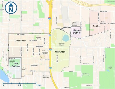 A map with Old Bellevue, Downtown, Wilburton, Spring District and BelRed shaded and labeled.