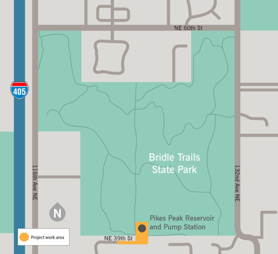 Map showing Pikes Peak Reservoir Replacement project location within the Bridle Trails State Park