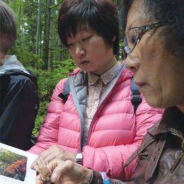 two asian women in woods reading a guide