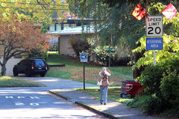 Person walking on sidewalk next to 20 mph speed limit sign