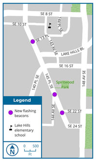 A map showing the location of three new flashing bacons on 145th Place SE.