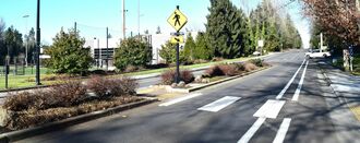 Crosswalk with a yellow crosswalk sign and a planted median at the center of the road