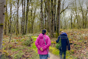 Two people walking on a paved path in park on a cloudy day; leafless trees are in the background.